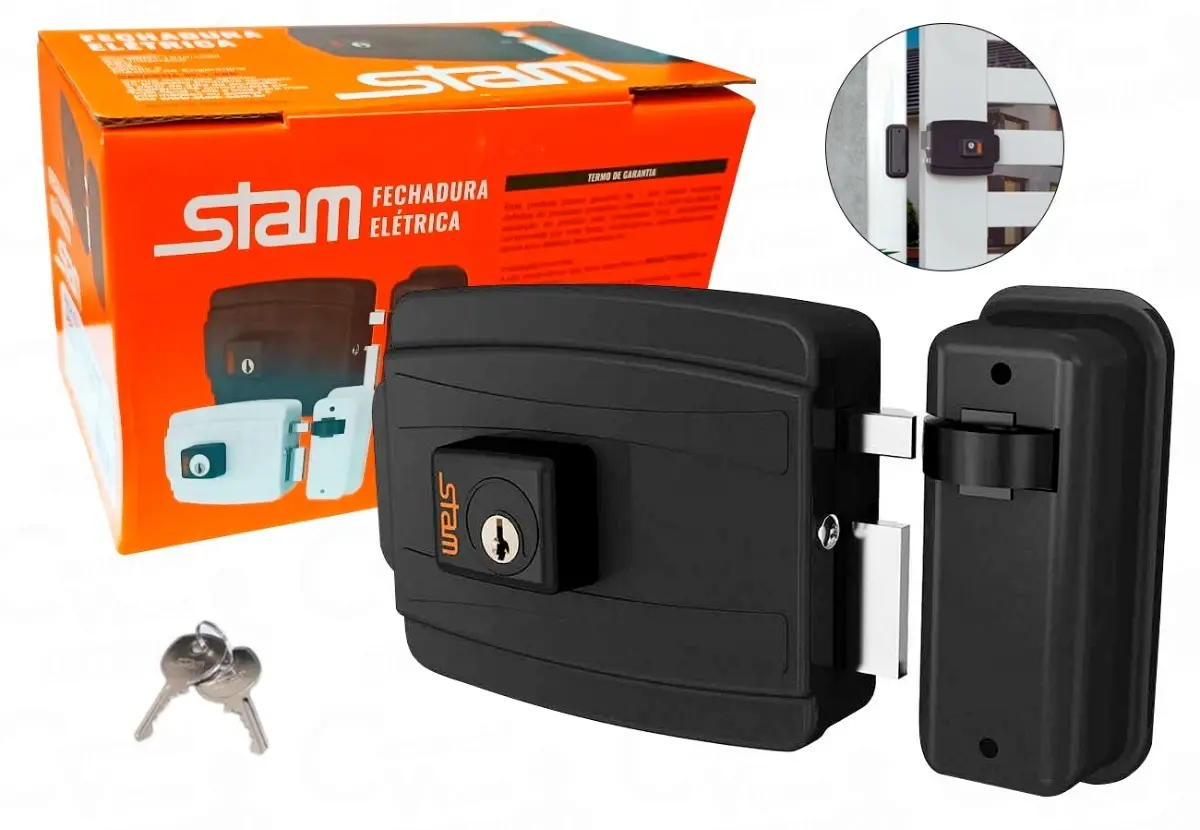 Fechadura Elétrica Preto Fosco Cilindro 40 Mm Aço Inox Stam