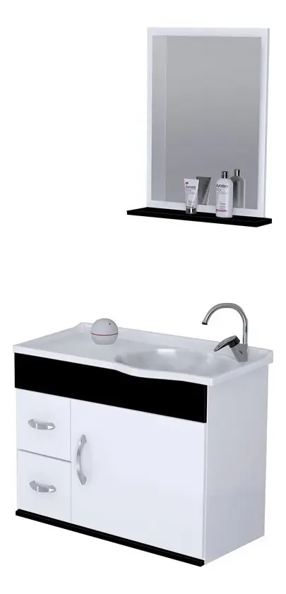 Móveis para banheiro A. J. Rorato Siena 55 de 55.5cm de largura, 44.5cm de altura e 27.9cm de profundidade, com pia colorida branco e móveis branco/preto com um furo para torneiras