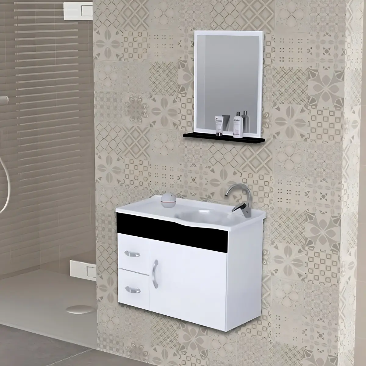 Móveis para banheiro A. J. Rorato Siena 55 de 55.5cm de largura, 44.5cm de altura e 27.9cm de profundidade, com pia colorida branco e móveis branco/preto com um furo para torneiras